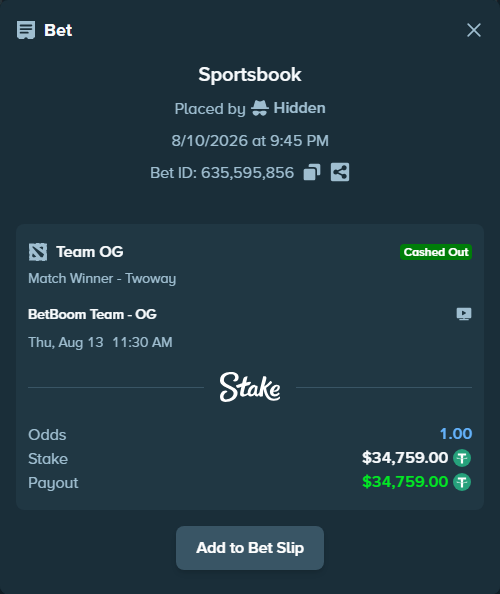 Bet slip: BetBoom Team - Team OG, $34,793.76 stake at 3.80 odds, placed by Hidden