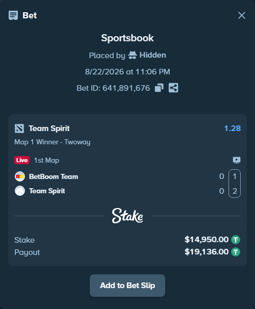 Bet slip: BetBoom Team - Team Spirit, $14,950.00 stake at 1.28 odds, placed by Hidden