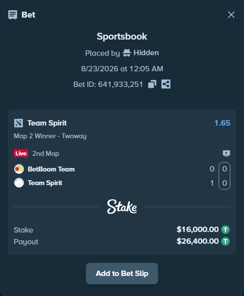 Bet slip: BetBoom Team - Team Spirit, $16,000.00 stake at 1.65 odds, placed by Hidden