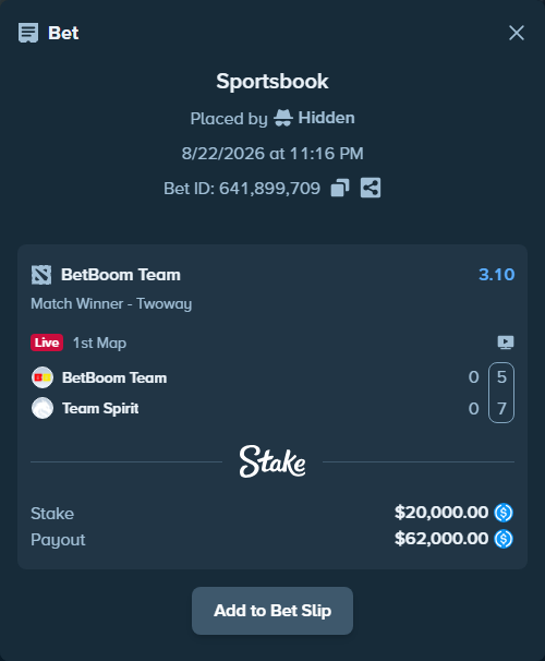 Bet slip: BetBoom Team - Team Spirit, $20,000.00 stake at 3.10 odds, placed by Hidden