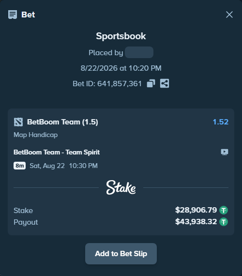 Bet slip: BetBoom Team - Team Spirit, $28,906.79 stake at 1.52 odds, placed by Erneststake