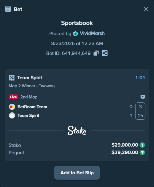 Bet slip: BetBoom Team - Team Spirit, $29,000.00 stake at 1.01 odds, placed by VividMarsh