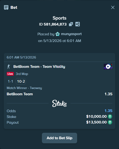 Bet slip: BetBoom Team - Team Vitality, $10,000.00 stake at 1.35 odds, placed by munyasport