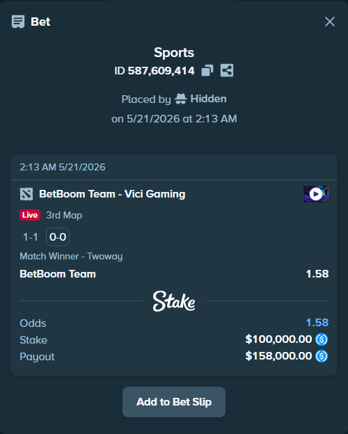 Bet slip: BetBoom Team - Vici Gaming, $100,000.00 stake at 1.58 odds, placed by Hidden