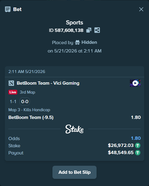 Bet slip: BetBoom Team - Vici Gaming, $26,999.00 stake at 1.80 odds, placed by Hidden