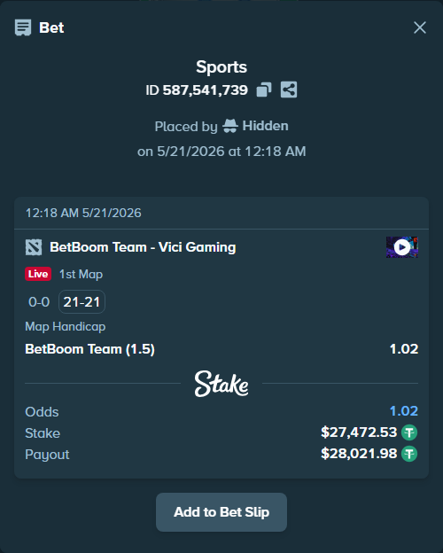 Bet slip: BetBoom Team - Vici Gaming, $27,500.00 stake at 1.02 odds, placed by Hidden
