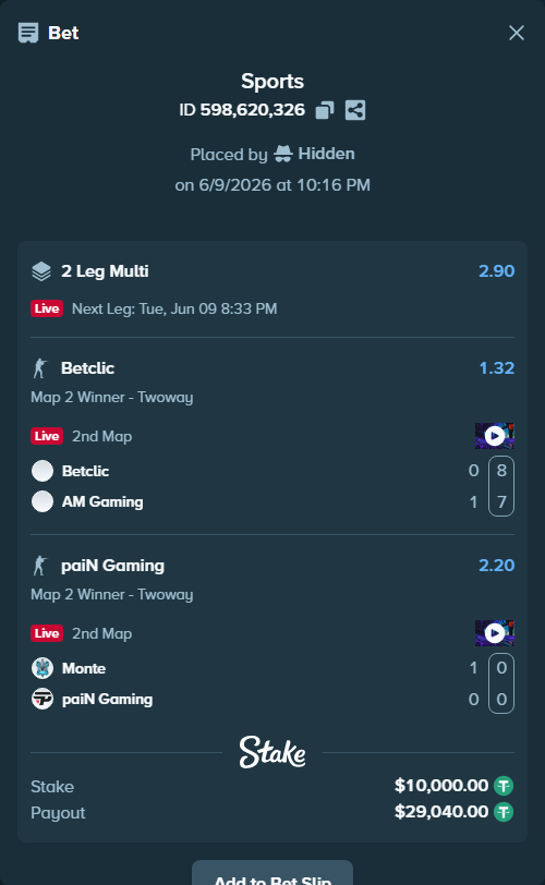 Bet slip: Betclic - AM Gaming, $10,000.00 stake at 1.32 odds, placed by Hidden
