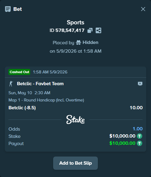 Bet slip: Betclic - FB Team, $10,000.00 stake at 10.00 odds, placed by Hidden