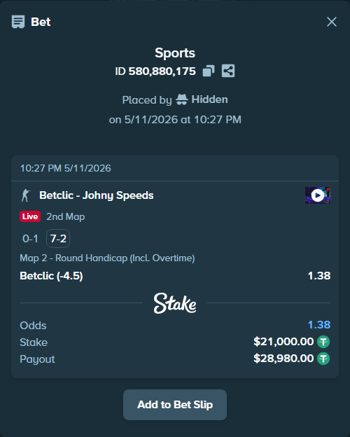 Bet slip: Betclic - Johnny Speeds, $21,000.00 stake at 1.38 odds, placed by Hidden