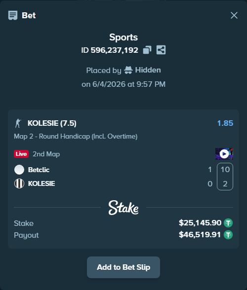 Bet slip: Betclic - KOLESIE, $25,171.05 stake at 1.85 odds, placed by Hidden