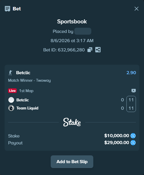 Bet slip: Betclic - Team Liquid, $10,000.00 stake at 2.90 odds, placed by TheEarlinGrey