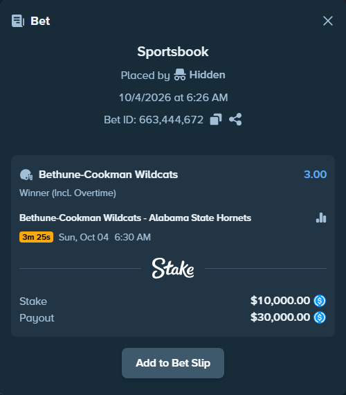Bet slip: Bethune-Cookman Wildcats - Alabama State Hornets, $10,000.00 stake at 3.00 odds, placed by Shark325
