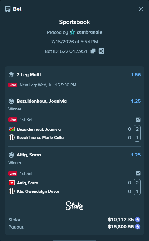 Bet slip: Bezuidenhout, Joanivia - Kezakimana, Marie Ceila, $10,273.45 stake at 1.25 odds, placed by zambrangie