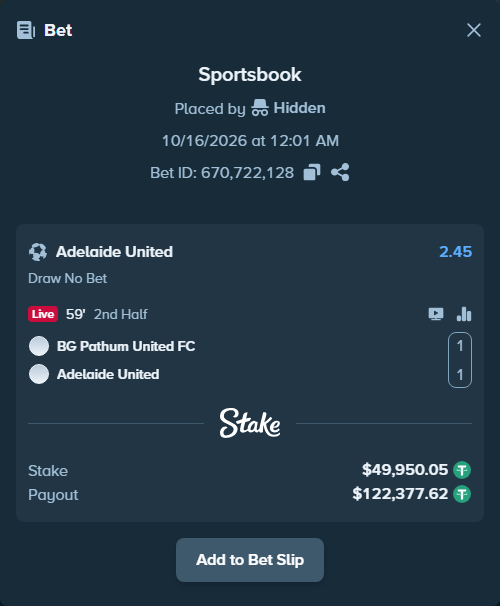 Bet slip: BG Pathum United - Adelaide United, $50,000.00 stake at 2.45 odds, placed by Hidden