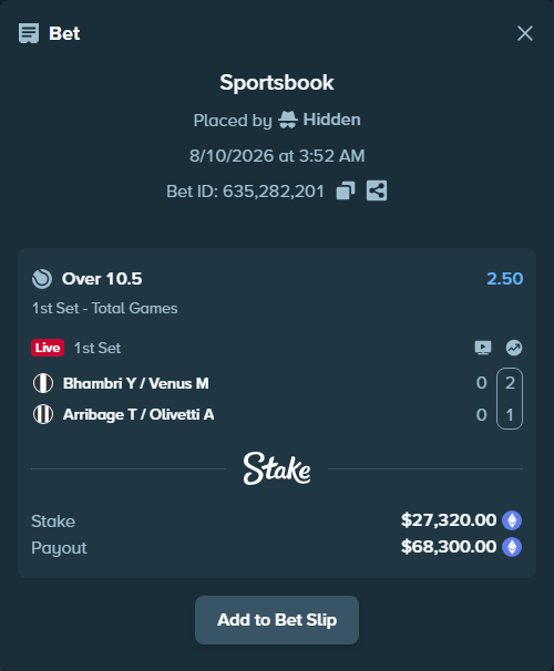 Bet slip: Bhambri Y / Venus M - Arribage T / Olivetti A, $27,299.29 stake at 2.50 odds, placed by Hidden