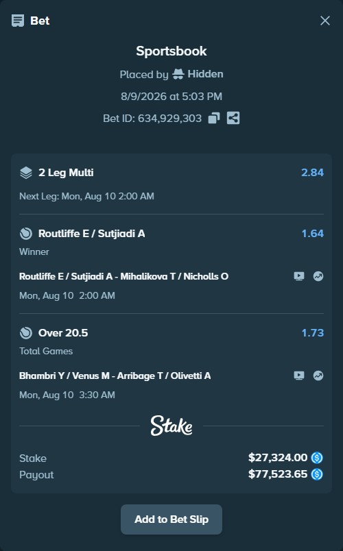 Bet slip: Bhambri Y / Venus M - Arribage T / Olivetti A, $27,324.00 stake at 1.73 odds, placed by Hidden