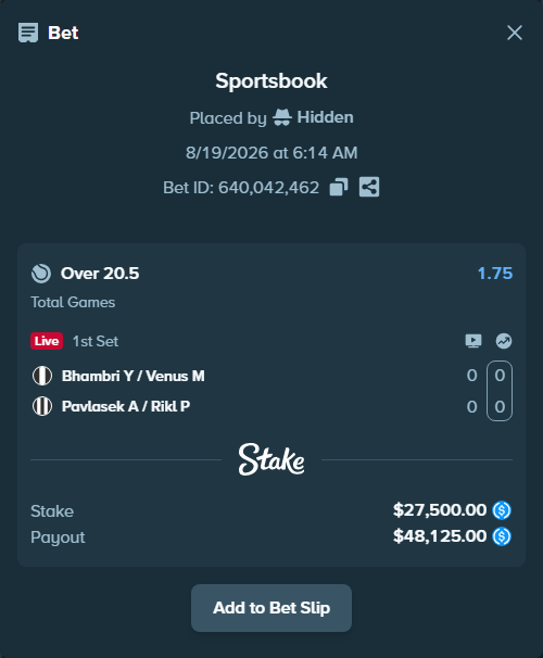 Bet slip: Bhambri Y / Venus M - Pavlasek A / Rikl P, $27,500.00 stake at 1.75 odds, placed by Hidden