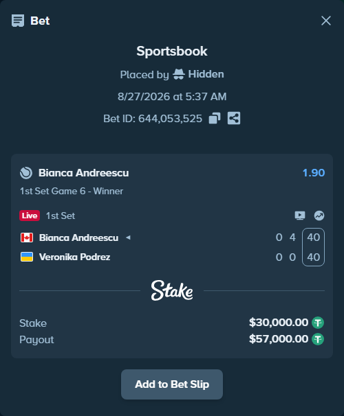 Bet slip: Bianca Andreescu - Veronika Podrez, $30,000.00 stake at 1.90 odds, placed by Hidden