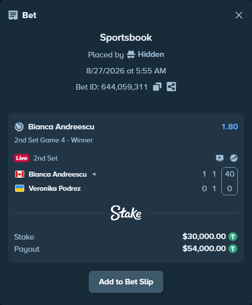 Bet slip: Bianca Andreescu - Veronika Podrez, $30,000.00 stake at 1.80 odds, placed by Hidden