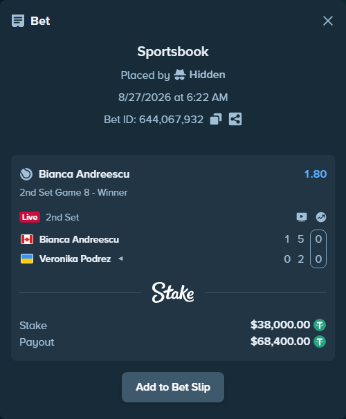 Bet slip: Bianca Andreescu - Veronika Podrez, $38,000.00 stake at 1.80 odds, placed by Hidden