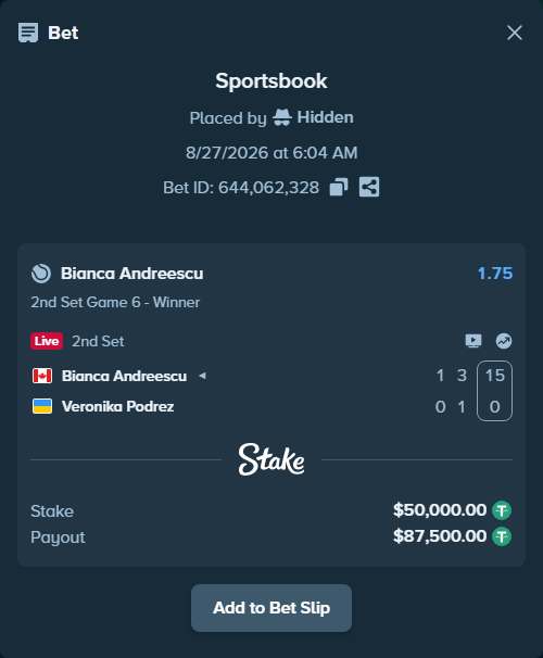 Bet slip: Bianca Andreescu - Veronika Podrez, $50,000.00 stake at 1.75 odds, placed by Hidden