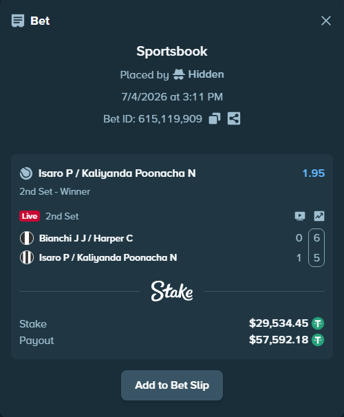 Bet slip: Bianchi J J / Harper C - Isaro P / Kaliyanda Poonacha N, $29,563.99 stake at 1.95 odds, placed by Hidden