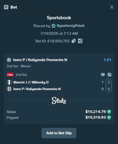 Bet slip: Bianchi J J / Milavsky D - Isaro P / Kaliyanda Poonacha N, $10,225.00 stake at 1.01 odds, placed by RyazheniyPetuh