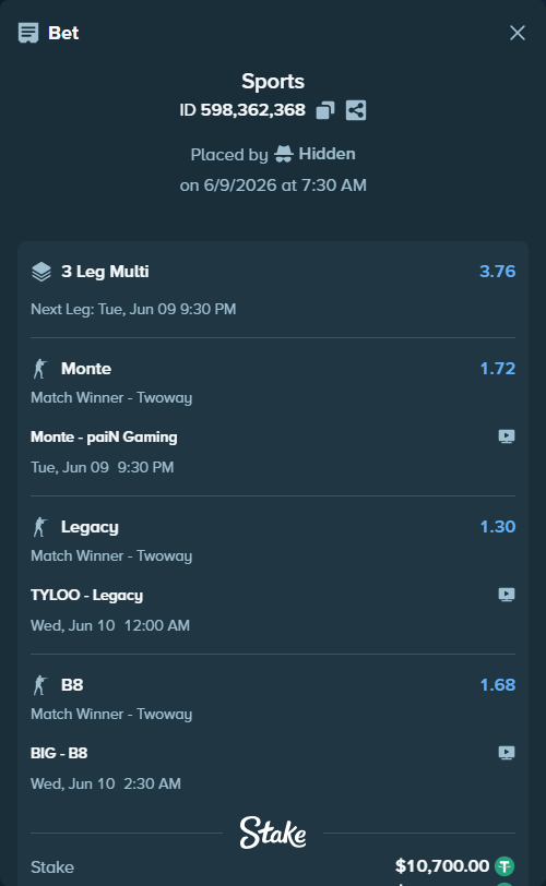 Bet slip: BIG - B8, $10,700.00 stake at 1.68 odds, placed by Hidden