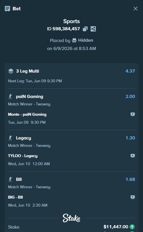 Bet slip: BIG - B8, $11,447.00 stake at 1.68 odds, placed by Hidden
