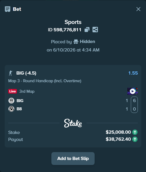 Bet slip: BIG - B8, $25,033.01 stake at 1.55 odds, placed by Hidden