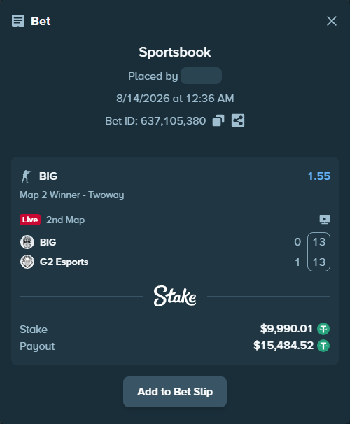 Bet slip: BIG - G2 Esports, $10,000.00 stake at 1.55 odds, placed by saszakoncza