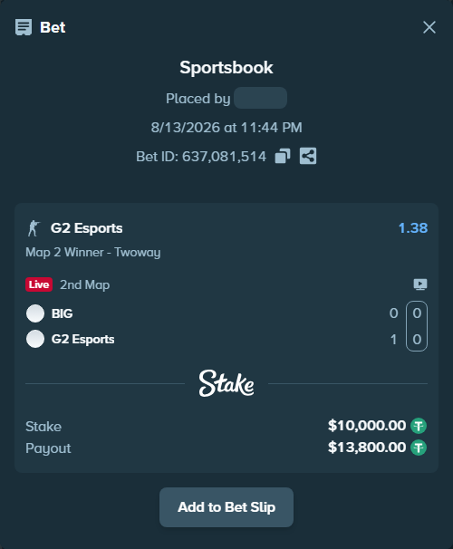 Bet slip: BIG - G2 Esports, $10,010.00 stake at 1.38 odds, placed by djawoals