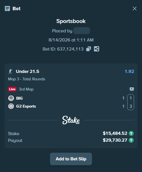 Bet slip: BIG - G2 Esports, $15,500.00 stake at 1.92 odds, placed by saszakoncza