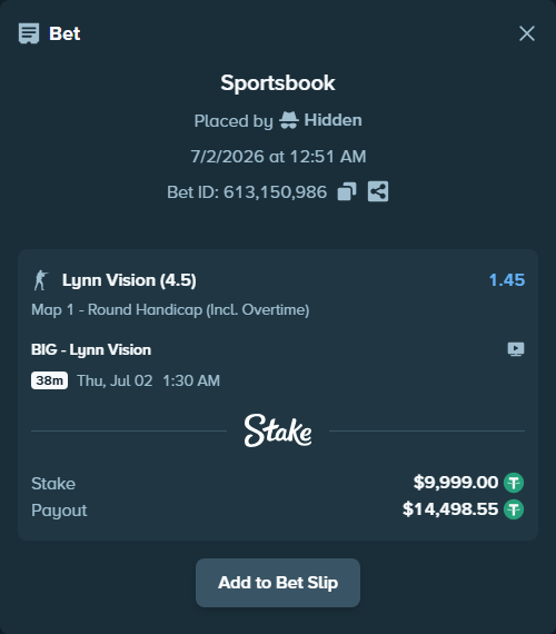 Bet slip: BIG - Lynn Vision, $10,009.00 stake at 1.45 odds, placed by zhanjinkun