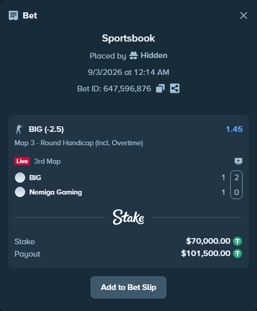 Bet slip: BIG - Nemiga Gaming, $70,000.00 stake at 1.45 odds, placed by Hidden