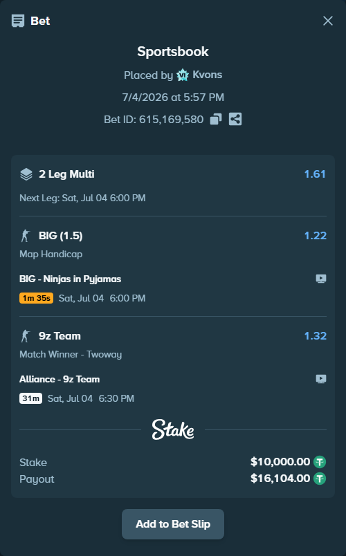 Bet slip: BIG - Ninjas in Pyjamas, $10,010.00 stake at 1.22 odds, placed by Kvons