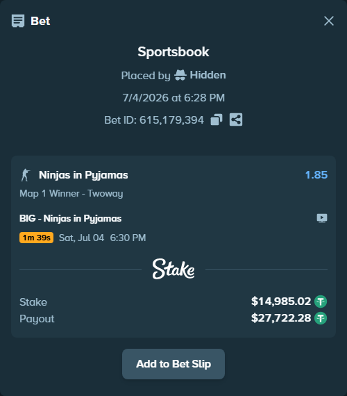 Bet slip: BIG - Ninjas in Pyjamas, $15,000.00 stake at 1.85 odds, placed by Hidden