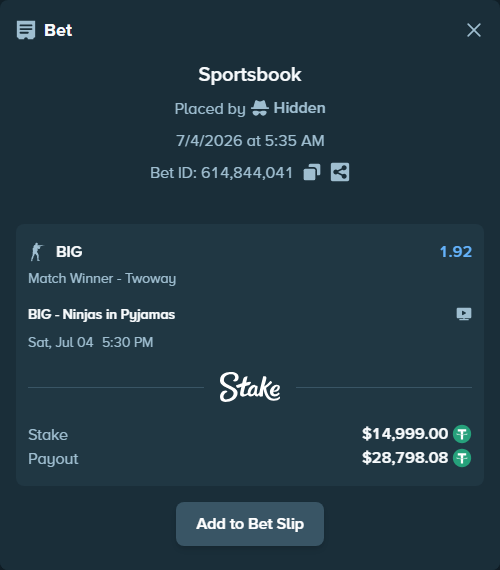 Bet slip: BIG - Ninjas in Pyjamas, $15,014.00 stake at 1.92 odds, placed by Hidden