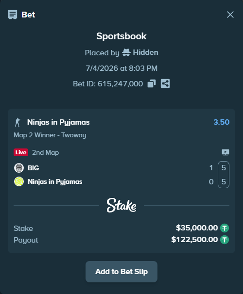 Bet slip: BIG - Ninjas in Pyjamas, $35,035.00 stake at 3.50 odds, placed by Hidden