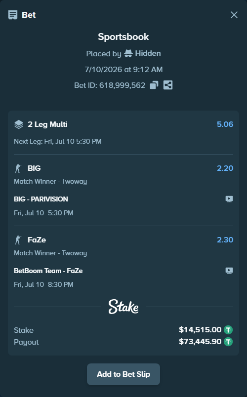 Bet slip: BIG - PARIVISION, $14,529.51 stake at 2.20 odds, placed by Hidden