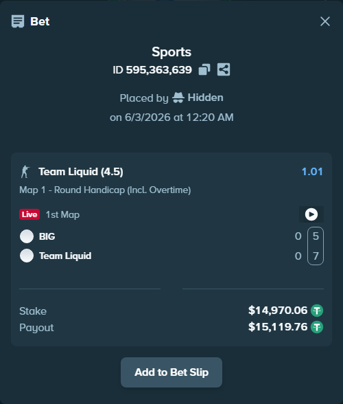 Bet slip: BIG - Team Liquid, $15,000.00 stake at 1.01 odds, placed by nightcinder