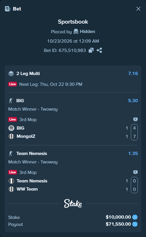 Bet slip: BIG - The MongolZ, $10,000.00 stake at 5.30 odds, placed by Hidden