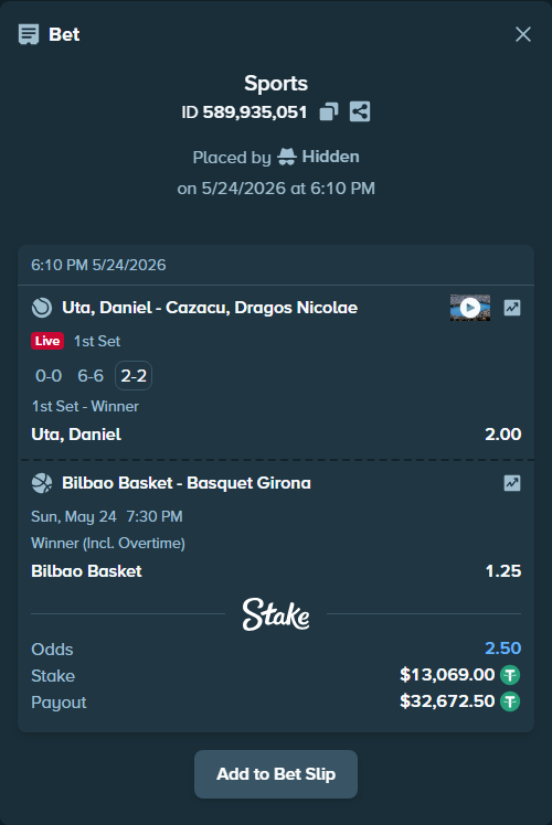 Bet slip: Bilbao Basket - Basquet Girona, $13,069.00 stake at 1.25 odds, placed by Hidden
