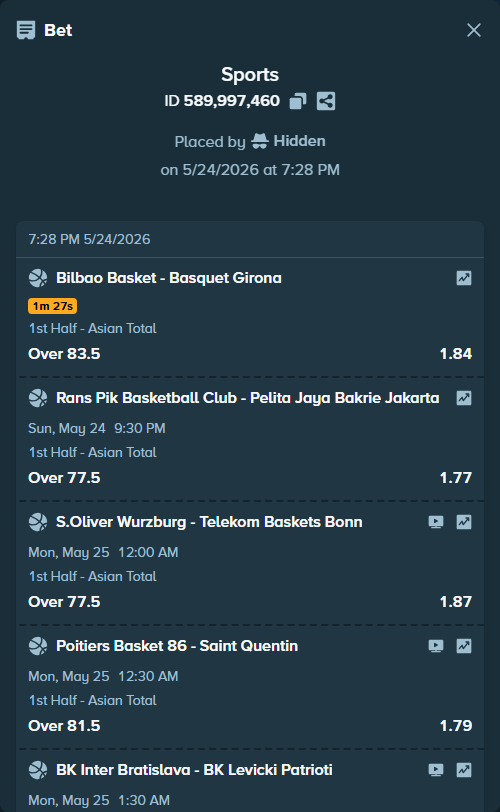 Bet slip: Bilbao Basket - Basquet Girona, $13,324.00 stake at 1.84 odds, placed by Hidden