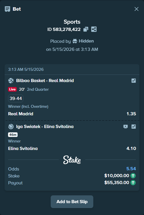 Bet slip: Bilbao Basket - Real Madrid, $10,000.00 stake at 1.35 odds, placed by Hidden
