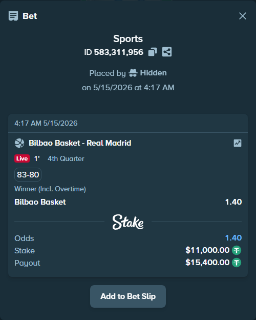 Bet slip: Bilbao Basket - Real Madrid, $11,000.00 stake at 1.40 odds, placed by Hidden