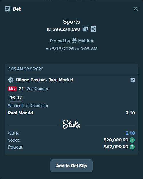 Bet slip: Bilbao Basket - Real Madrid, $20,000.00 stake at 2.10 odds, placed by Hidden