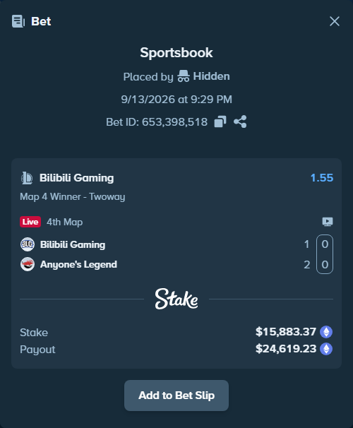 Bet slip: Bilibili Gaming - Anyone's Legend, $16,026.50 stake at 1.55 odds, placed by Hidden