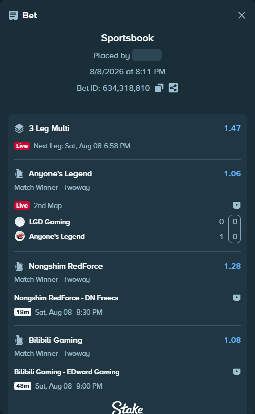 Bet slip: Bilibili Gaming - EDward Gaming, $10,010.00 stake at 1.08 odds, placed by TheEarlinGrey