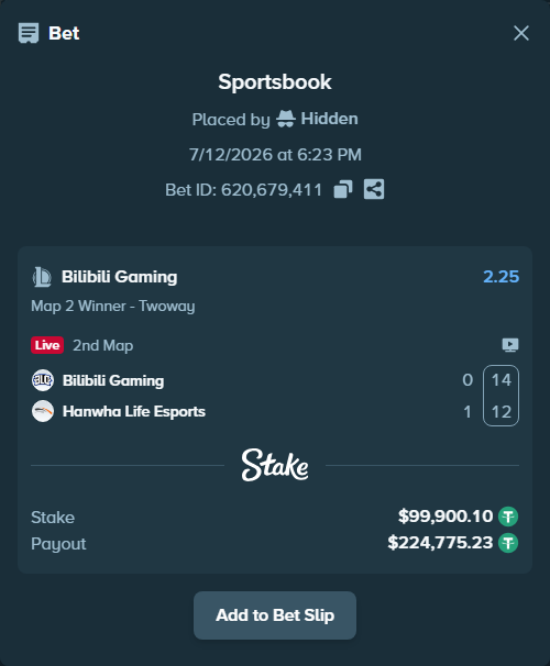 Bet slip: Bilibili Gaming - Hanwha Life Esports, $100,000.00 stake at 2.25 odds, placed by Hidden